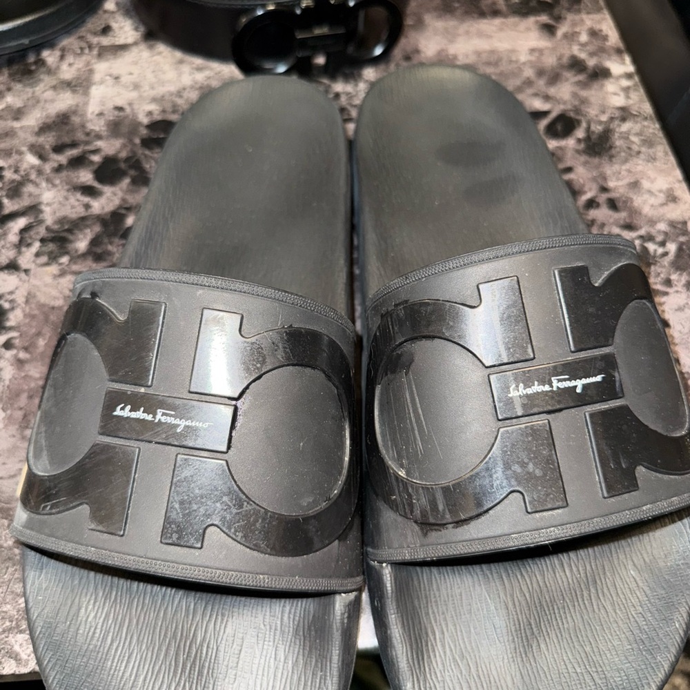 Salvatore Ferragamo Men’s Black Logo Slide Sandals